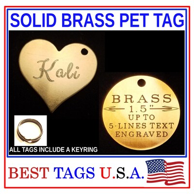 SOLID BRASS HEAVY-DUTY PET TAG Personalized Engraved 1.5" OR 1" DIA. CIRCLE OR HEART - image1